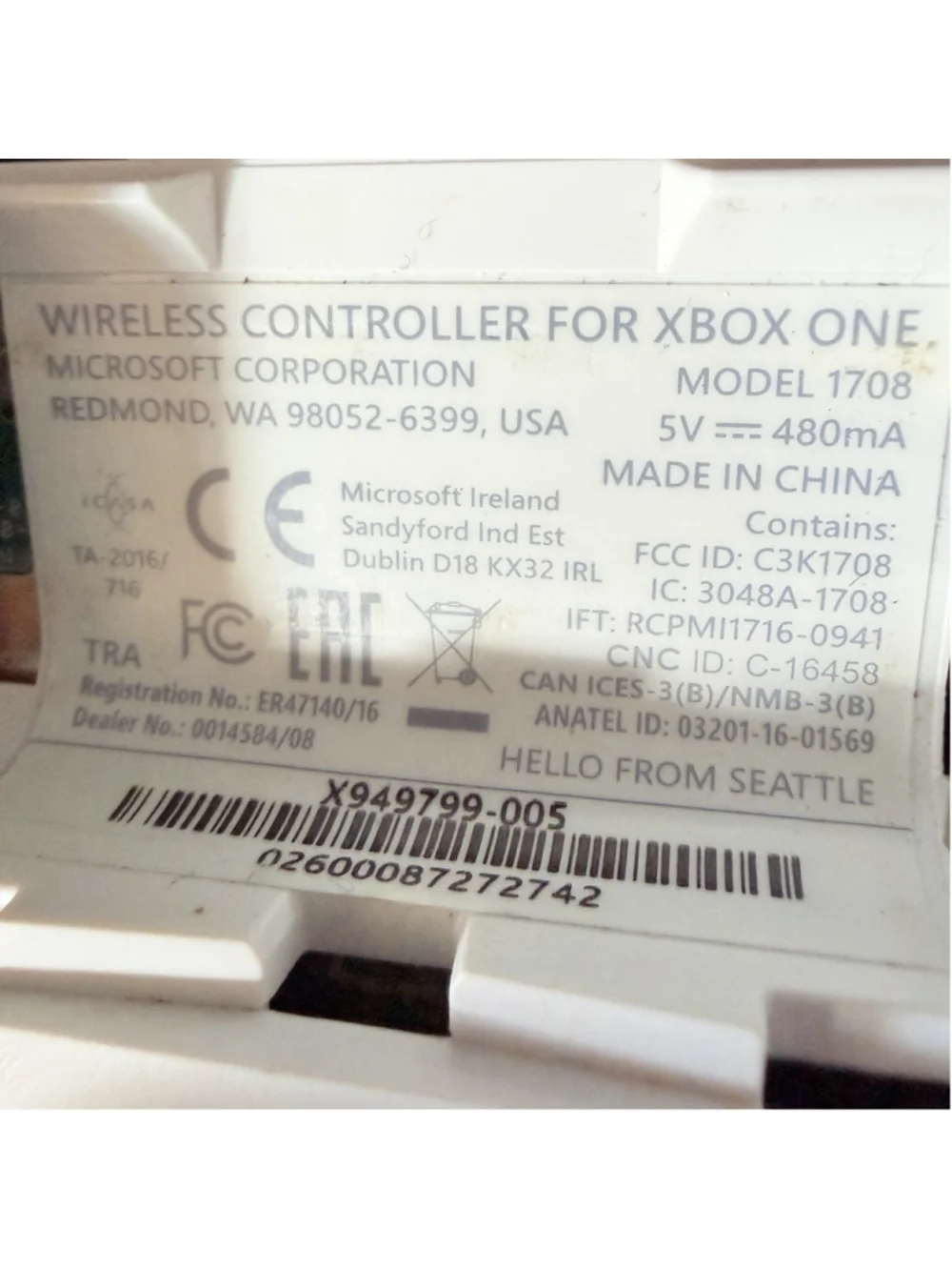 Microsoft Xbox One Wireless Controller White Model 1708 OEM Tested No Back